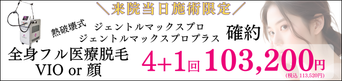 来院当日施術限定!熱破壊式ジェントルマックスプロ 全身 顔 or VIO 4回+1回 103,200円(税込113,520円)